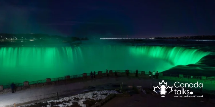 സെന്റ് പാട്രിക്ക്‌സ് ദിനാഘോഷത്തിന്റെ ഭാഗമായി; നയാഗ്ര പച്ചയിൽ കുളിക്കും!
