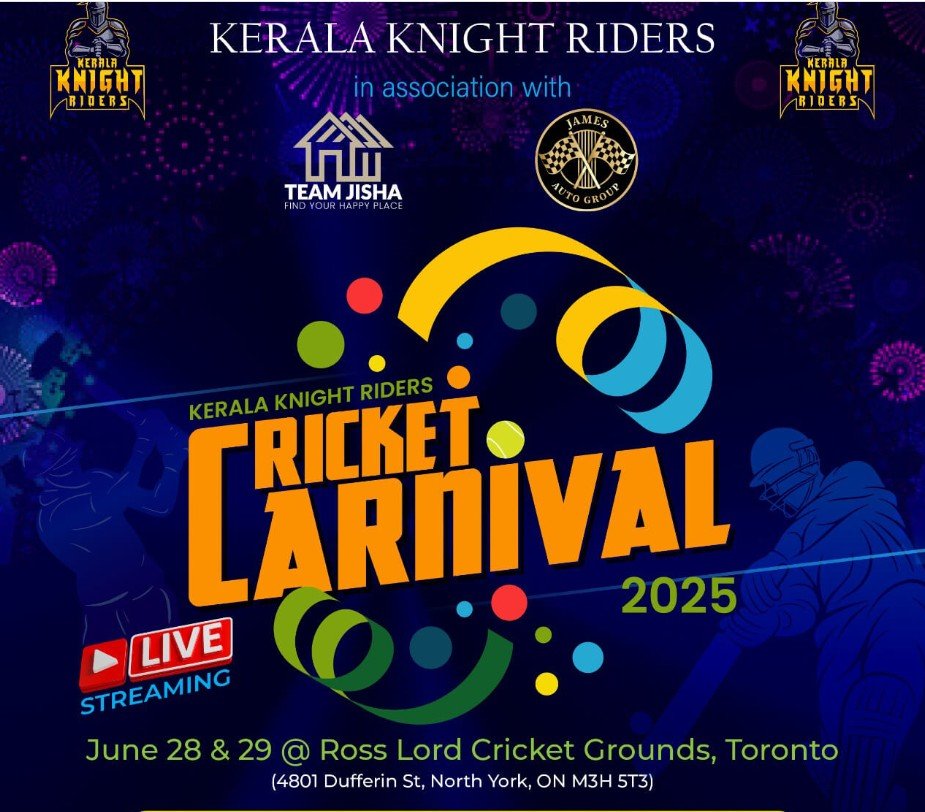 ടൊറന്റോയിൽ കേരള നൈറ്റ് റൈഡേഴ്സ് ക്രിക്കറ്റ് കാർണിവൽ; നിരവധി ടീമുകൾ മാറ്റുരയ്ക്കും