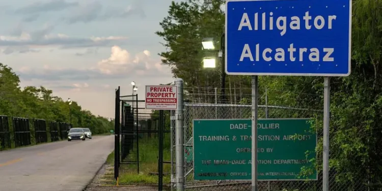 A large Alligator Alcatraz sign was put up outside the camp