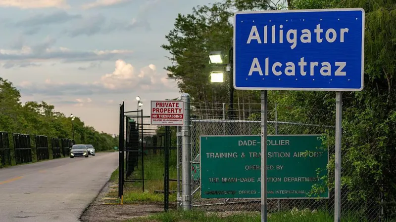 A large Alligator Alcatraz sign was put up outside the camp
