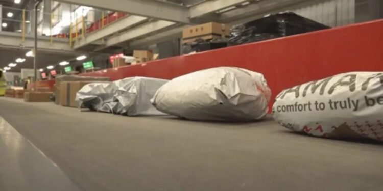 a group of bags on a conveyor belt