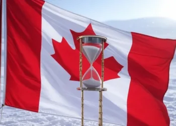 canada flag with sand clock