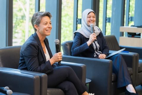 Rania Llewellyn (L) in a fireside chat with Sara Asalya (R) at the event