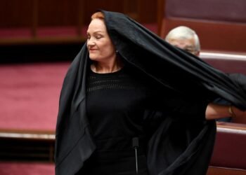 Pauline Hanson, wearing a burqa