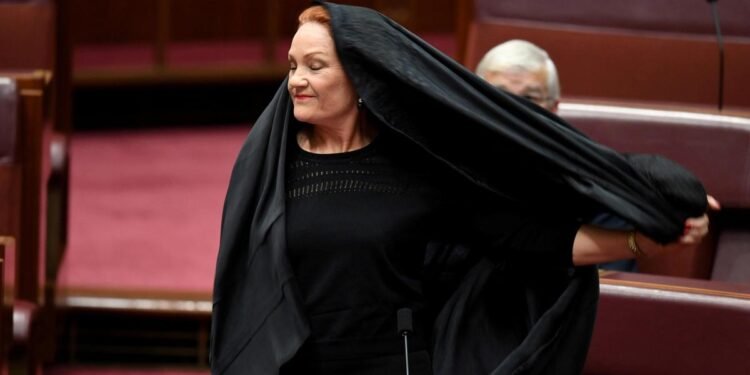 Pauline Hanson, wearing a burqa