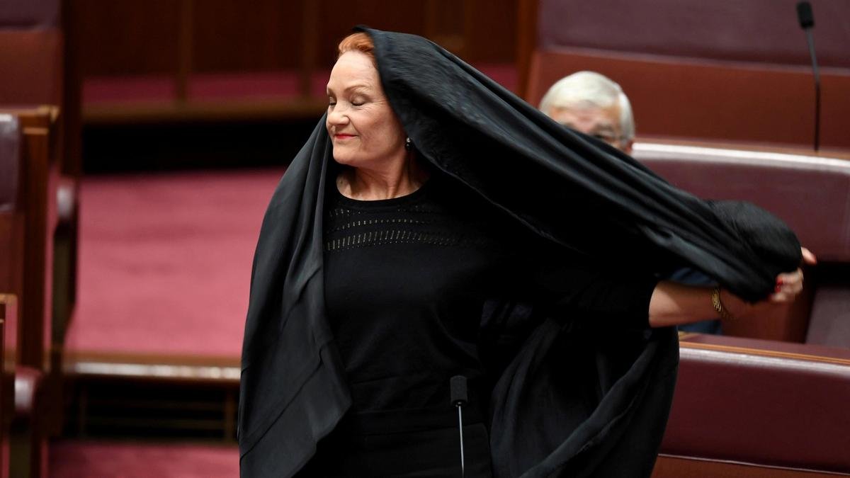 Pauline Hanson, wearing a burqa