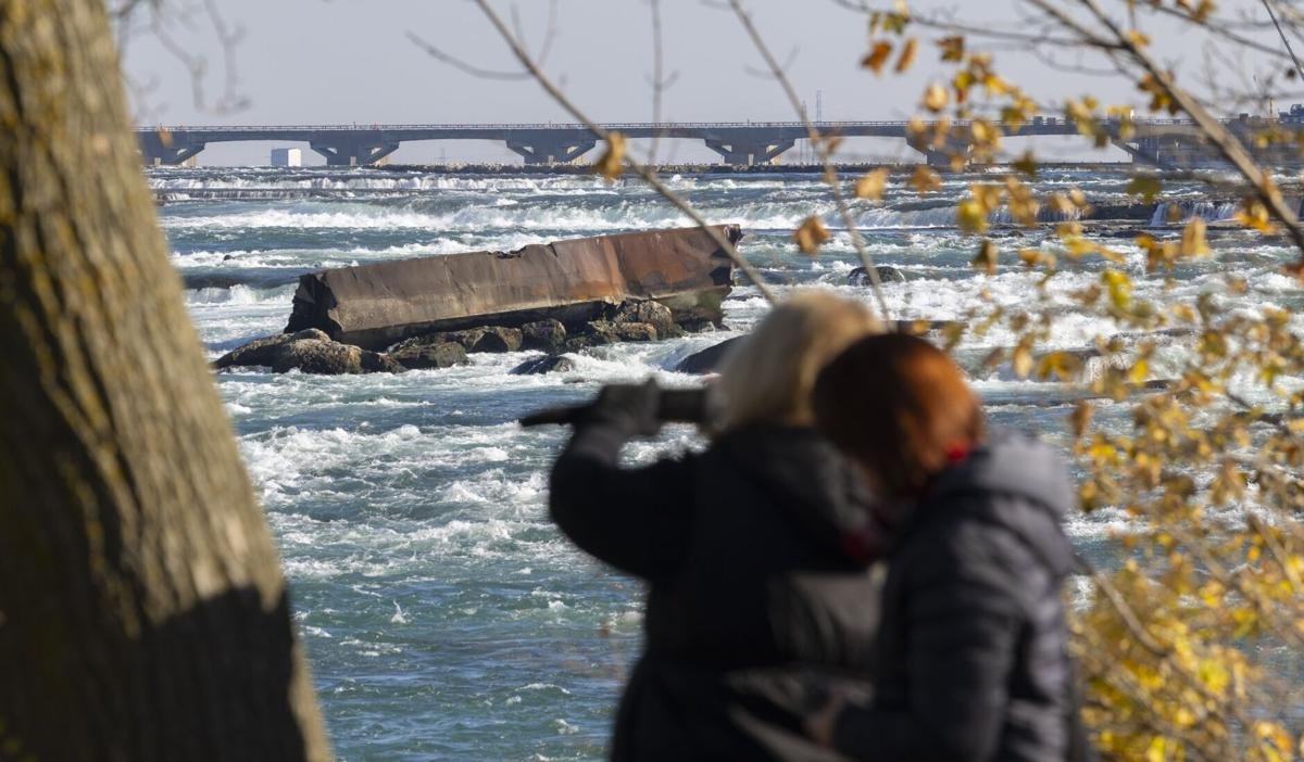 The Iron Scow, a historic ship that has been stranded just above Niagara Falls since 1918, has moved a little further down.