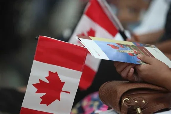 People hold Canadian flags at an citizenship ceremony in Toronto