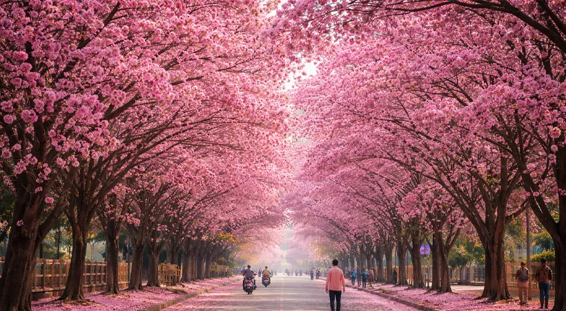 പുകമറയ്ക്കുള്ളിലെ പൂക്കാലം; മുംബൈയുടെ മണ്ണിൽ ജപ്പാൻ വിരുന്നെത്തിയോ? സോഷ്യൽ മീഡിയയിൽ വൈറലായി ഈ വസന്തക്കാഴ്ചകൾ