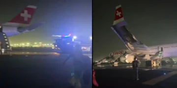 റൺവേയിൽ നിന്ന് കുതിക്കുമ്പോൾ സ്വിസ് എയർ വിമാനത്തിന്റെ എൻജിൻ കത്തിയമർന്നു; ആറ് പേർക്ക് പരിക്ക്