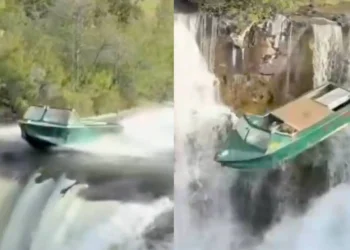 Captured on camera: Alberta man jumps off waterfall in jet boat