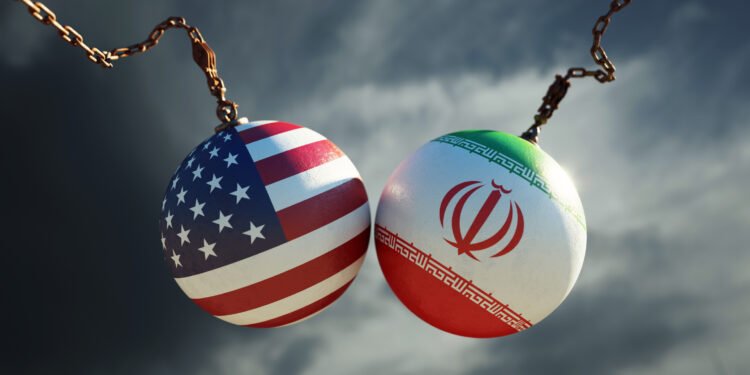 Wrecking Balls Textured with American and Iranian Flags Over Dark Stormy Sky