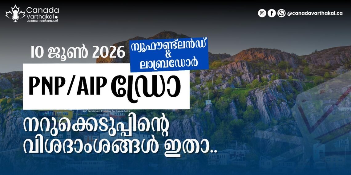 NLPNP, AIP ഡ്രോ: 2026 ജൂൺ 10ന് നടന്ന നറുക്കെടുപ്പിന്റെ വിശദാംശങ്ങൾ ഇതാ ന്യൂഫൗണ്ട്ലാൻഡ് ആൻഡ് ലാബ്രഡോർ പ്രൊവിൻഷ്യൽ നോമിനി പ്രോഗ്രാം തങ്ങളുടെ ഏറ്റവും പുതിയ ഇമിഗ്രേഷൻ നറുക്കെടുപ്പ് ഫലങ്ങൾ പുറത്തുവിട്ടു. 2026-ലെ ഏഴാമത്തെ പ്രവിശ്യാ ഇമിഗ്രേഷൻ ഡ്രോയാണിത്. കാനഡയിലേക്ക് കുടിയേറാൻ ആഗ്രഹിക്കുന്നവർക്ക് വലിയ പ്രതീക്ഷ നൽകുന്നതാണ് പുതിയ പ്രഖ്യാപനം. കഴിഞ്ഞ ജൂൺ 10-ന് നടന്ന ഈ തിരഞ്ഞെടുപ്പിൽ ആകെ 108 സ്ഥാനാർഥികൾക്കാണ് അപേക്ഷ സമർപ്പിക്കാൻ ക്ഷണം (ITA) ലഭിച്ചത്. ന്യൂഫൗണ്ട്ലാൻഡ് ആൻഡ് ലാബ്രഡോർ പ്രൊവിൻഷ്യൽ നോമിനി പ്രോഗ്രാം (NLPNP), അറ്റ്ലാന്റിക് ഇമിഗ്രേഷൻ പ്രോഗ്രാം (AIP) എന്നീ രണ്ട് പ്രധാന പദ്ധതികളിലൂടെയാണ് ഈ ക്ഷണങ്ങൾ നൽകിയിരിക്കുന്നത്. ഇതിൽ ഭൂരിഭാഗവും ഇന്റർനാഷണൽ സ്റ്റുഡന്റ് (International Student), ഫോറിൻ വർക്കർ (Foreign Worker) എന്നീ വിഭാഗങ്ങളിൽ ഉള്ളവർക്കാണ് ലഭിച്ചിരിക്കുന്നത്. മൊത്തം ലഭിച്ച ക്ഷണങ്ങളിൽ 89 എണ്ണം NLPNP വഴിയും, 19 എണ്ണം AIP വഴിയുമാണ് നൽകിയിട്ടുള്ളത്.