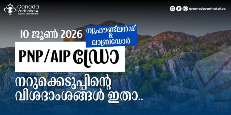NLPNP, AIP ഡ്രോ: 2026 ജൂൺ 10ന് നടന്ന നറുക്കെടുപ്പിന്റെ വിശദാംശങ്ങൾ ഇതാ ന്യൂഫൗണ്ട്ലാൻഡ് ആൻഡ് ലാബ്രഡോർ പ്രൊവിൻഷ്യൽ നോമിനി പ്രോഗ്രാം തങ്ങളുടെ ഏറ്റവും പുതിയ ഇമിഗ്രേഷൻ നറുക്കെടുപ്പ് ഫലങ്ങൾ പുറത്തുവിട്ടു. 2026-ലെ ഏഴാമത്തെ പ്രവിശ്യാ ഇമിഗ്രേഷൻ ഡ്രോയാണിത്. കാനഡയിലേക്ക് കുടിയേറാൻ ആഗ്രഹിക്കുന്നവർക്ക് വലിയ പ്രതീക്ഷ നൽകുന്നതാണ് പുതിയ പ്രഖ്യാപനം. കഴിഞ്ഞ ജൂൺ 10-ന് നടന്ന ഈ തിരഞ്ഞെടുപ്പിൽ ആകെ 108 സ്ഥാനാർഥികൾക്കാണ് അപേക്ഷ സമർപ്പിക്കാൻ ക്ഷണം (ITA) ലഭിച്ചത്. ന്യൂഫൗണ്ട്ലാൻഡ് ആൻഡ് ലാബ്രഡോർ പ്രൊവിൻഷ്യൽ നോമിനി പ്രോഗ്രാം (NLPNP), അറ്റ്ലാന്റിക് ഇമിഗ്രേഷൻ പ്രോഗ്രാം (AIP) എന്നീ രണ്ട് പ്രധാന പദ്ധതികളിലൂടെയാണ് ഈ ക്ഷണങ്ങൾ നൽകിയിരിക്കുന്നത്. ഇതിൽ ഭൂരിഭാഗവും ഇന്റർനാഷണൽ സ്റ്റുഡന്റ് (International Student), ഫോറിൻ വർക്കർ (Foreign Worker) എന്നീ വിഭാഗങ്ങളിൽ ഉള്ളവർക്കാണ് ലഭിച്ചിരിക്കുന്നത്. മൊത്തം ലഭിച്ച ക്ഷണങ്ങളിൽ 89 എണ്ണം NLPNP വഴിയും, 19 എണ്ണം AIP വഴിയുമാണ് നൽകിയിട്ടുള്ളത്.