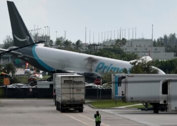 An Amazon cargo plane after it crashed at Miami international airport on Sunday, in Miami, Florida