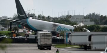 An Amazon cargo plane after it crashed at Miami international airport on Sunday, in Miami, Florida