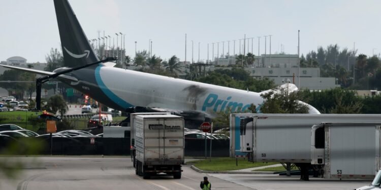 An Amazon cargo plane after it crashed at Miami international airport on Sunday, in Miami, Florida
