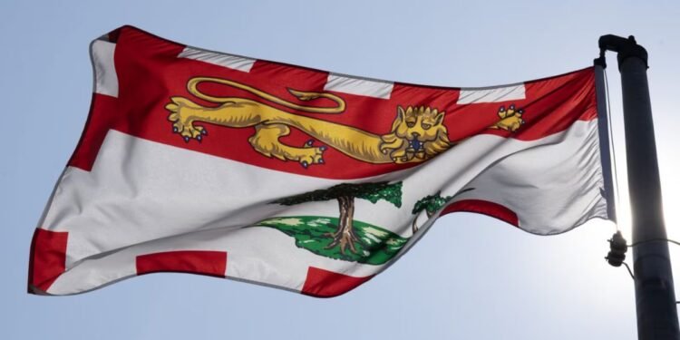 The Prince Edward Island provincial flag flies on a flagpole in Ottawa
