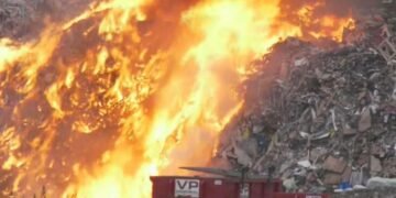 A fire burning at Ecco Recycling in southeast Calgary