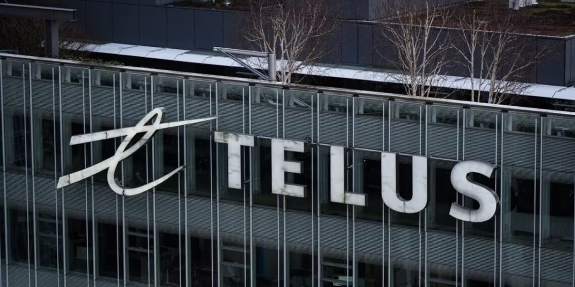 The Telus Corporation logo is seen on the outside of the company's headquarters in downtown Vancouver,