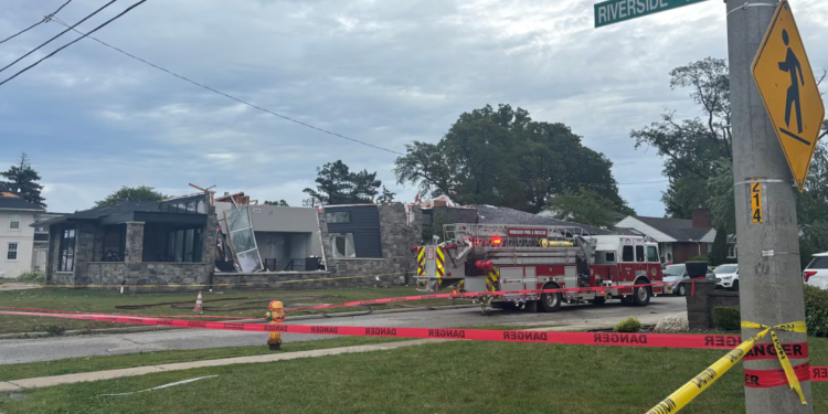 Damage after a roof is ripped off a home in a storm in Windsor, Ont. on Sept. 3, 2026. (Kate Otterbein/CTV News Windsor)